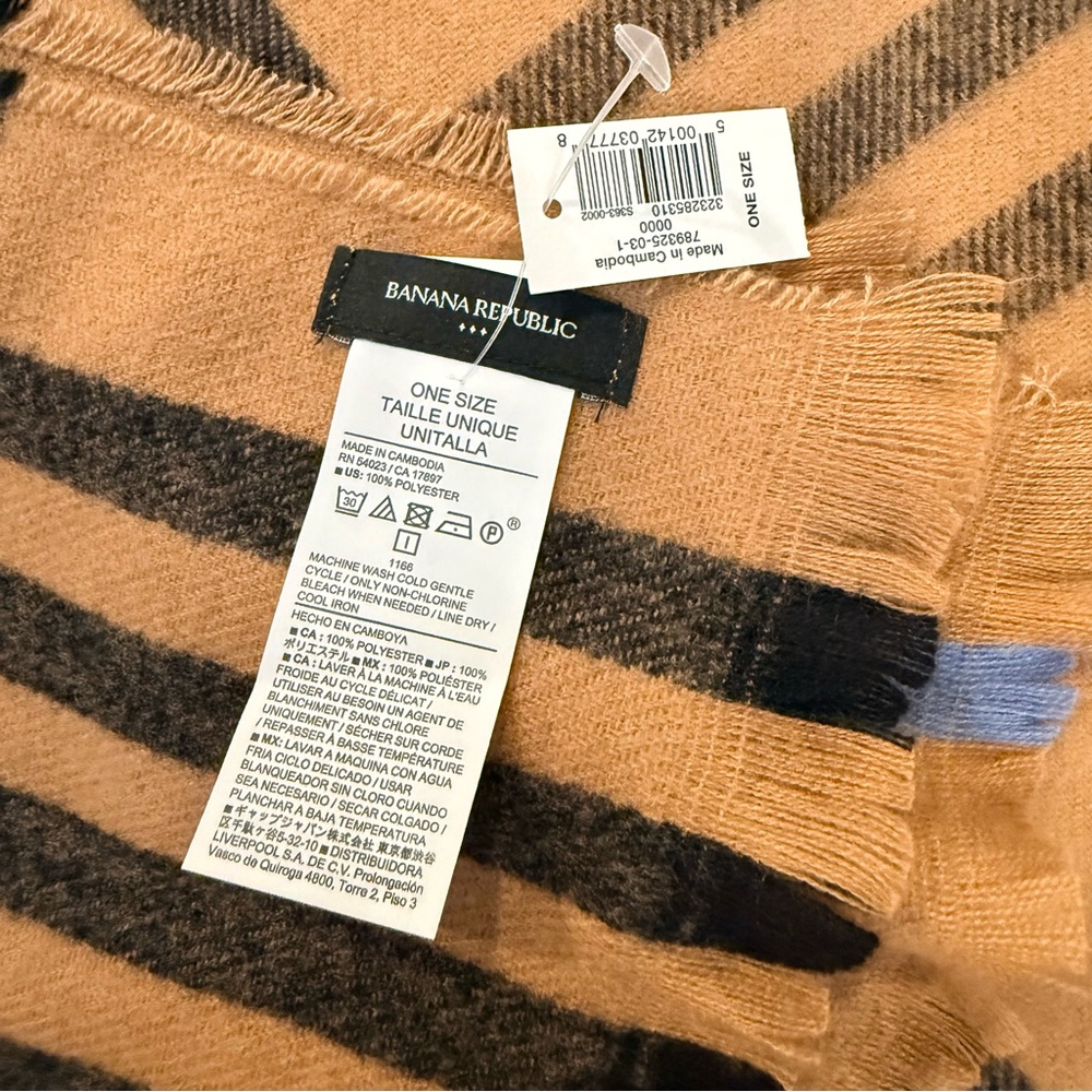 NWT Banana Republic Tan, Black, and Blue Striped Scarf - Picture 2 of 2